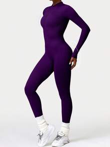 DINBEY 女士长袖瑜伽连体裤 - 纯色户外紧身连体裤，具有收腹提臀功能 - 紫色 - 查看 4