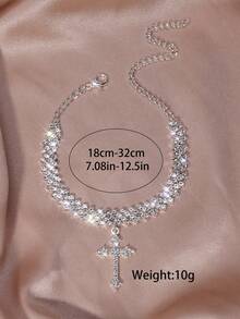 Pulsera de tobillo con cadena y colgante en forma de cruz con un montón de brillantes de diamante de imitación, joyería femenina de accesorios de tobillo - Plateado - Ver 6