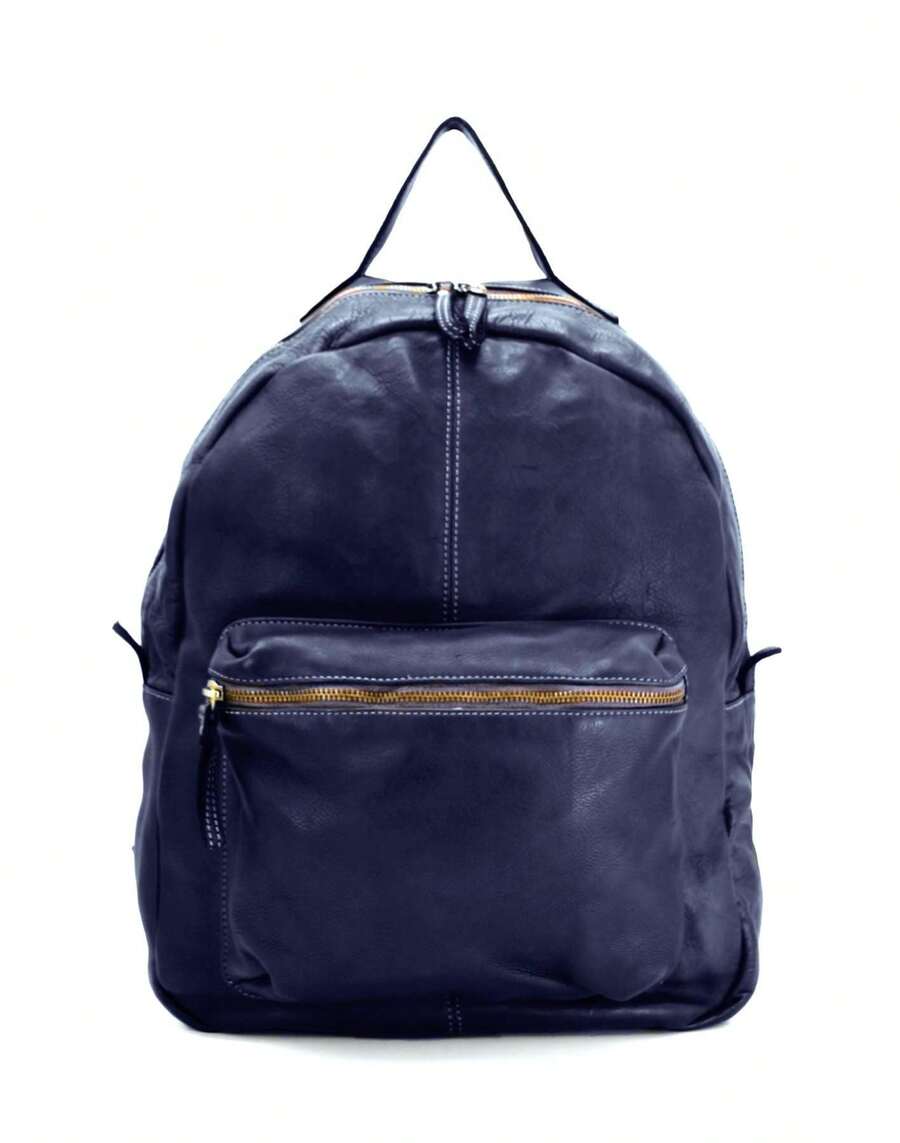 Men's/Women's Backpack In Genuine Vintage Calfskin Leather – Adjustable Shoulder Straps, Zip Pockets, Made In Italy - 藍光 - 查看 1