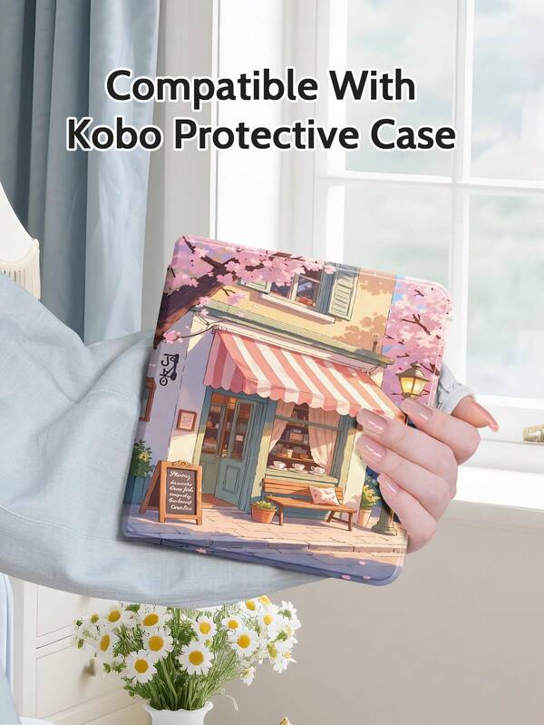 Kobo Protective Case, Kindle Cover Featuring A Coffee Shop Beneath Cherry Blossoms, Minimalist Classic Design, Magnetic Cover With Sleep/Wake Function, Romantic Gift, Compatible With Kindle Paperwhite, Kobo Clara Colour/BW 2024, Kobo Clara 2E. Suitable For Both Men And Women When Travelling Or Out And About To Protect E-Readers From Damage, And Ideal For Bedtime Reading