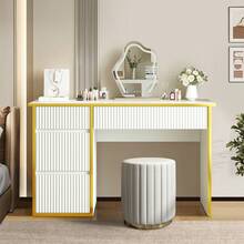 47 Inch Home Office Desk With 4 Drawers, Computer Desk With Golden Border, Modern Executive Desk With Hidden Handle Design, Vanity Study Writing Table For Bedroom, White/ Black