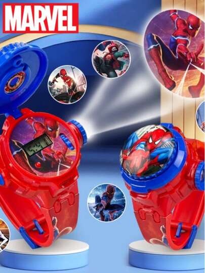  Marvel Rotating Flip Cover Watch, Cartoon Projection Luminous Electronic Watch For Teenagers, Spider-Man, Superhero Cartoon, Soft Silicone Strap Teenage Electronic Watch. Teenage Gift. Exquisite Blister Card Packaging.