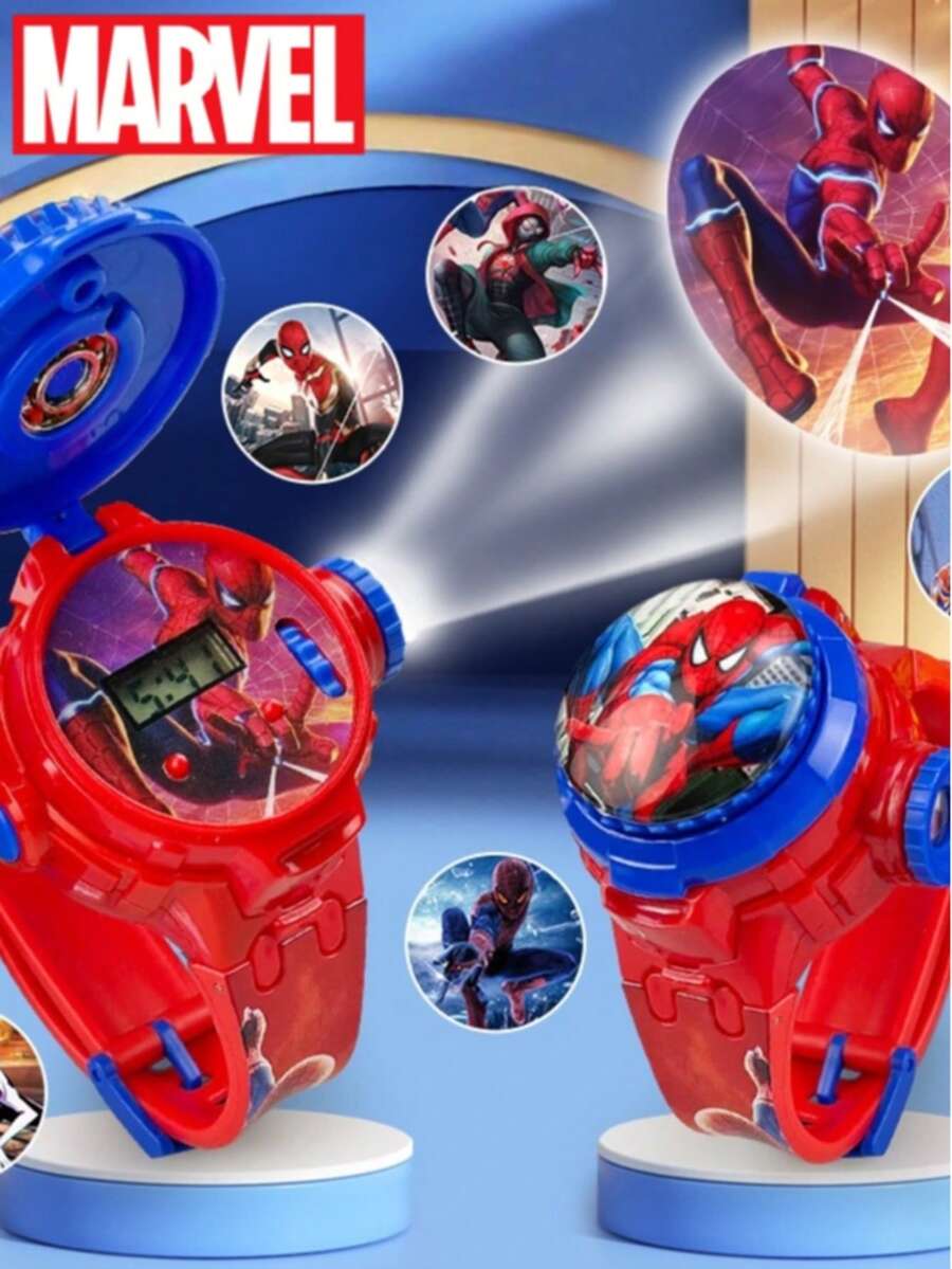 Marvel Rotating Flip Cover Watch, Cartoon Projection Luminous Electronic Watch For Teenagers, Spider-Man, Superhero Cartoon, Soft Silicone Strap Teenage Electronic Watch. Teenage Gift. Exquisite Blister Card Packaging.