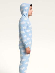 Mameluco Pijama de Una Pieza Estampado de Felpa Suave para Adulto con Cierre Kigurumi para Hombre - Neblina azul - Ver 3