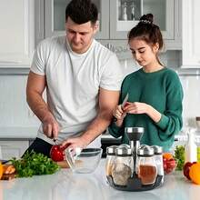 6/12 PCS Double Deck Rotating Spice Rack Organizer, Glass Countertop Holder With Stainless Steel Lids, Step Shelf & Reusable Labels, Ideal For Kitchen Cabinets And Pantry Storage, Perfect For Herbs, Spices, And Seasonings
