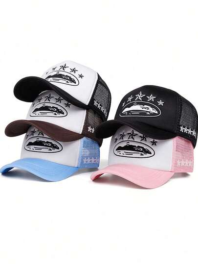 1pc Pentagram Printed Baseball Cap, Outdoor Sponge Mesh Snapback Hat, Breathable Mesh Trucker Cap, Summer