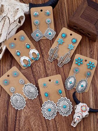 MONLOTTI Western Turquoise Cowgirl Vintage Earrings, Suitable For Women, Bohemian Beach Vacation Theme Earring Set, Including Lucky Geometric Carved Totems, Flowers, Cacti, Geometric Splicing, And Gemstone Earrings, Perfect For Parties And Festival Gifts, Unisex Style