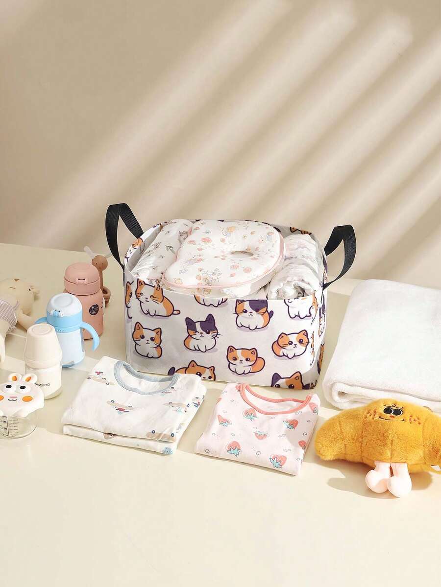 1 Stück Cartoon Katze Muster offene Aufbewahrungsbox, multifunktionaler Aufbewahrungskorb mit Griff, Geschenk für Feiertage, Muttertag/Vatertag, Aufbewahrung für Babybedarf, Windeln, Alltagsorganizer für Wohnzimmer, Badezimmer, Küche, faltbar, leicht, geeignet für Zuhause, Kinder, Kinderzimmer