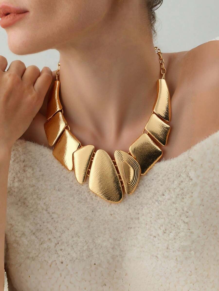 1 pieza Nuevo collar bib exagerado de metal martillado con diseño geométrico multiforma personalizado, versátil y minimalista de moda para mujer - Amarillo Oro - Ver 1