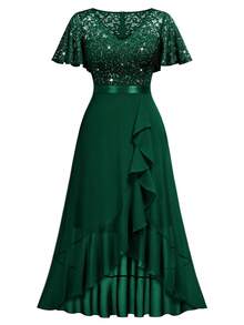 MIUSOL Elegant Women's V Neck Sequin Lace Bodice Dark Green A-Line Midi Dress With Flutter Sleeves, Ruffle Flowy High Low Hem, For Formal Prom Gown, Wedding Guest, Evening Party, Cocktail, Dinner - 墨綠色 - 查看 7