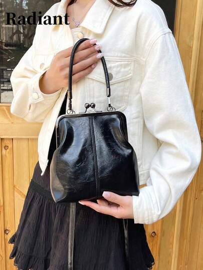 1pc Retro Faux Leather Crossbody Bag, Women's Vintage Style Kiss Lock Mini Handbag With Adjustable Strap, Solid Color Lightweight City Tote Bag, Polyester Lining, Unisex