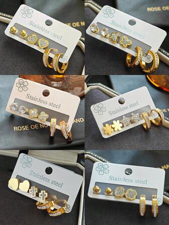 3 Pairs/Set Elegant Zirconia Earring Set, Heart, Four-Leaf Flower, Cross Hoop Stud Earrings For Women, Suitable For Daily, Festival, Party Jewelry Accessories Gift