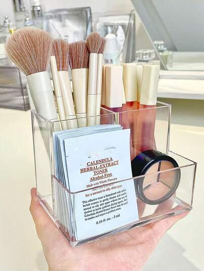 1 件亚克力透明三格笔筒，用于化妆品和文具的桌面收纳盒，简约多功能桌面收纳整理