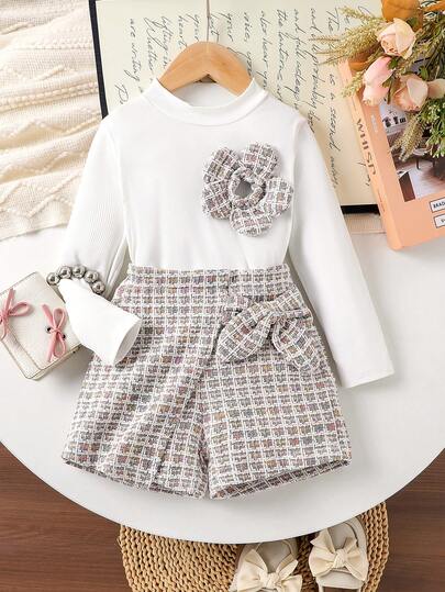 2 st elegant set med långärmad blommig 3D-dekor och rosett för flickor, vår/höst