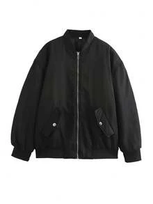 Women's Black Bomber Jacket Front Zip Pockets Long Sleeve Casual Warm Coat For Fall Winter - Black - View 2