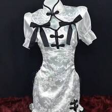 Sexy Cheongsam Dress Costume With Color Block Button Front, Ruffle Hem And Ribbon - trắng - Xem 5