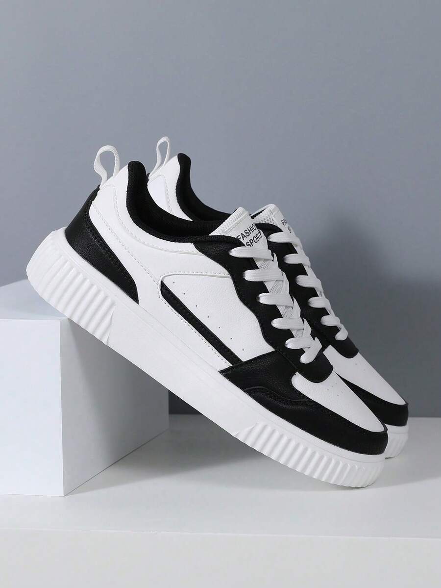 Men's Casual Lace-Up Sneakers, Stylish Skate Shoes For Everyday Wear - 黑與白 - 查看 1