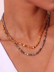 1pc Stainless Steel Square Beaded Necklace, Fashionable Gold Color, Suitable As A Gift - necklace - View 4