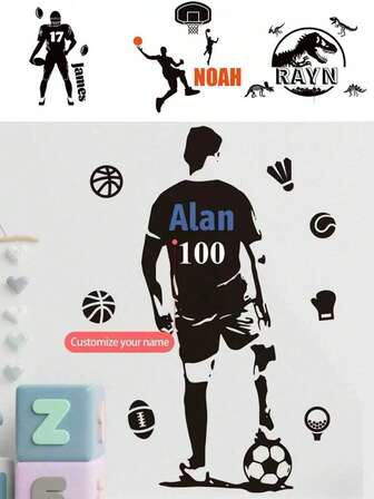 Adhesivos de pared con nombre personalizado - Vinilos personalizados con temas de deportes y dinosaurios - Decoración para la habitación de niños con motivos de fútbol, baloncesto y Jurásico para volver al colegio