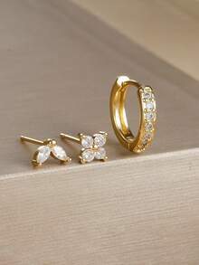 3 件单侧耳时尚白色锆石吊坠耳环套装女士不锈钢花朵吊坠耳环穿孔首饰 - 金-9# - 查看 2