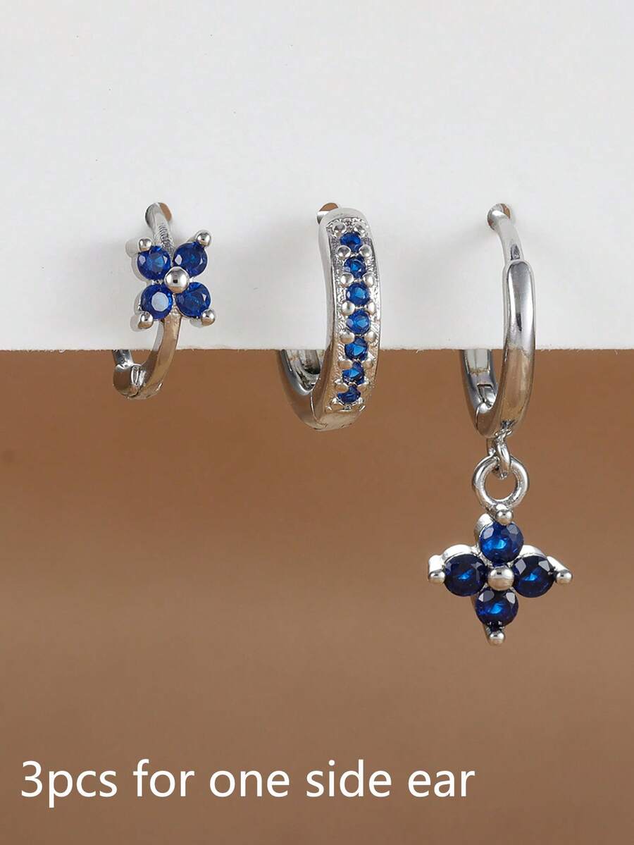 3PCS Four-Petaled Flower Zirconia Flower Earring Set For Women, 18K Gold Plated Hypoallergenic Tragus Helix Hoops Ear Stud Cartilage Piercing Jewelry For Daily Ware - Silver-19 - View 1