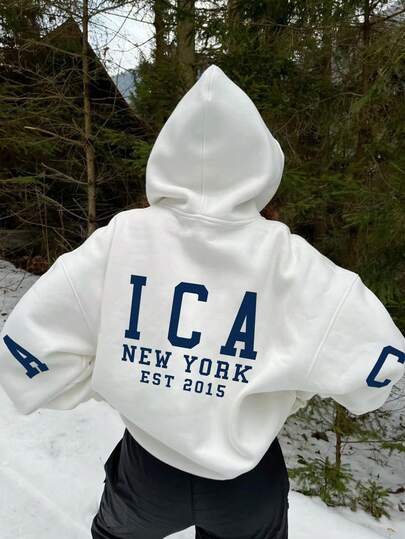 بلوزة هوديي مطبوعة بتصميم فضفاض مبطنة بالحرارة للنساء، عصرية وكاجوال، للشتاء