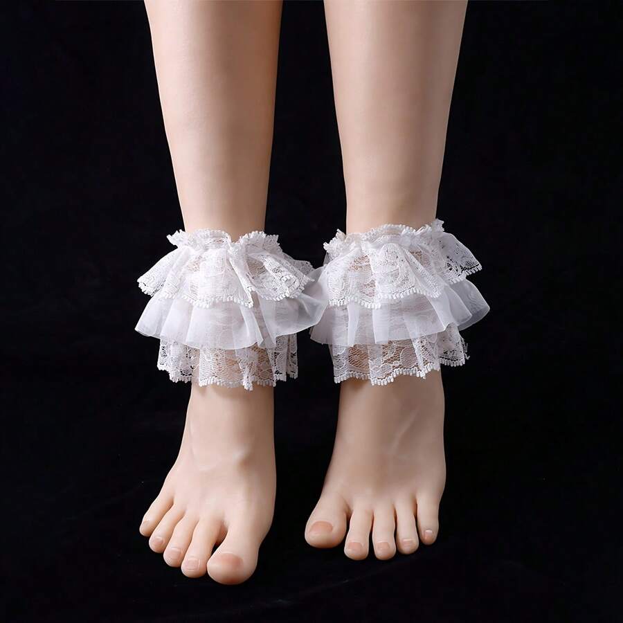 A Pair Of Women's Three-Layer Lace Trim Socks With Foot Covers, Princess Outfit JK Style Sweet Mesh Socks Accessories