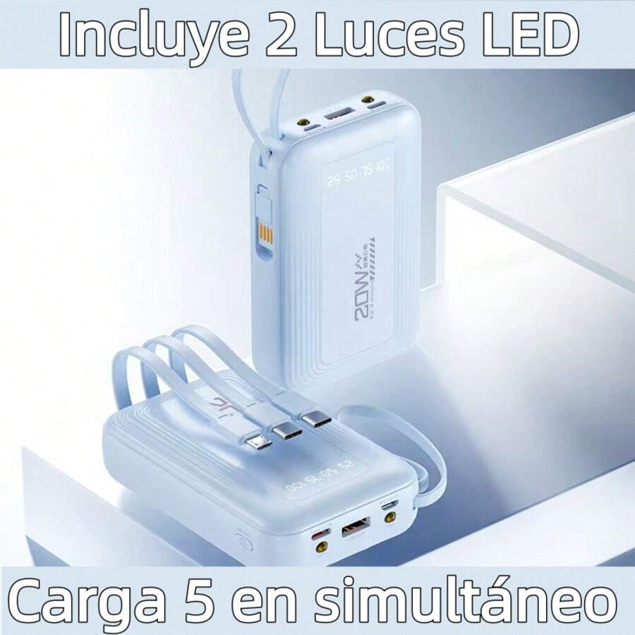 Batería Portátil para Celular 2026 - Nueva Versión: Gran Capacidad de 20000mAh, Pila Portátil Mini con 4 Cables Incluidos. Compacta y Ultraportátil para Todos los Celulares, Tabletas y Dispositivos - 2 Luces LED para Apagones y Outdoor - Permitida en Aviones - Serie Jiditech A20/A20Pro. - A20Pro-Azul - Ver 1