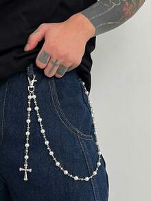 1pc Fashionable Punk Simple Cross Pants Chain, Men's Charm Faux Pearl Body Chain For Pants Decor, Suitable For Everyday Wear And Parties - 金色 - 查看 2