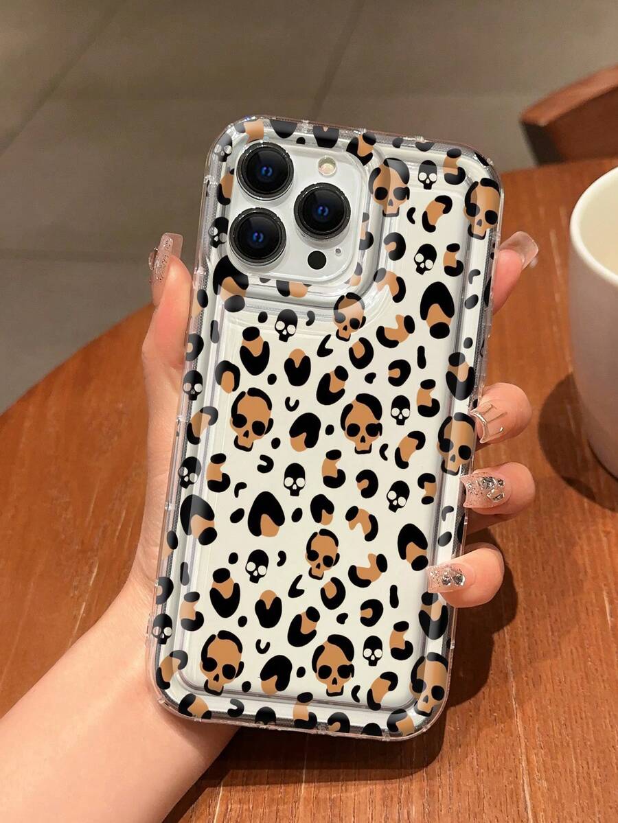1pc Fashionable Creative Full-Screen Skull & Leopard Print Painted Transparent Airbag Shockproof Phone Case, Suitable For Samsung/ XS/XS Max/XR/11/12/13/14/14 Plus/15/15 Plus/16/16 Plus/7/8 Plus And Other Phone Models