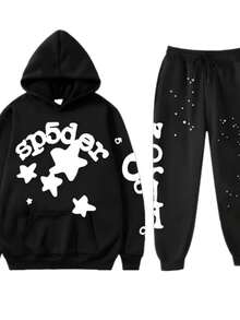 Gender - Neutral  Hooded Set - Creative Star Pattern With Letter Decoration, Comfortable Casual Sports Style, Versatile For Daily Outings  Animal  Letter    Spring/Fall    Regular Fit    Drawstring  Zipper  Pocket - 黑色 - 查看 1