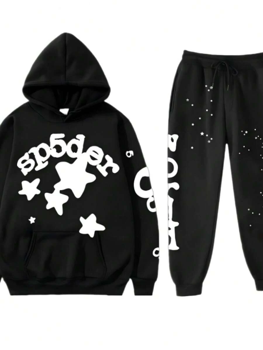 Gender - Neutral  Hooded Set - Creative Star Pattern With Letter Decoration, Comfortable Casual Sports Style, Versatile For Daily Outings  Animal  Letter    Spring/Fall    Regular Fit    Drawstring  Zipper  Pocket - 黑色 - 查看 1