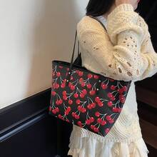 Cute Cherry Pattern Large Capacity Handbag| Women's Casual Versatile Shoulder Tote, Simple Fashion Shopping Bag, Everyday Work Purse - Black - View 2