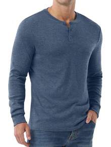 Men's Henley Long Sleeve Casual Classic Button Pullover Tee - Styles - Biru laut - View 3
