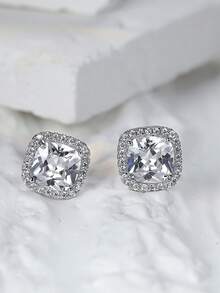 1 Pair Fashionable Minimalist White Cubic Zirconia Square Stud Earrings, Bling Bling Rhinestone Earrings For Women