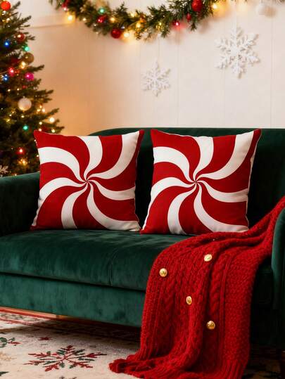 4/2/1 pieza Fundas de almohada navideñas a rayas rojas y blancas con diseño de remolino de menta - Estilo moderno de felpa corta con cierre de cremallera, lavable a máquina de poliéster para decoración navideña interior/exterior, estilo contemporáneo, sin relleno incluido, acento festivo para la habitación | Patrón de bastón de caramelo | Textura esponjosa, decoraciones navideñas de bastón de caramelo