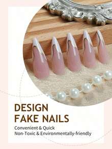 HOSY Chic 24pcs Almond False Nails – Elegant White French Tips With Gold Stripes, Pointed Tip Manicure Set For Ladies, Includes Tools - trắng - Xem 5