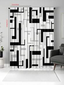 2 件抽象黑白几何方形数码印花窗帘，半透明窗帘，用于保护卧室和客厅的隐私 - 彩色 - 查看 14