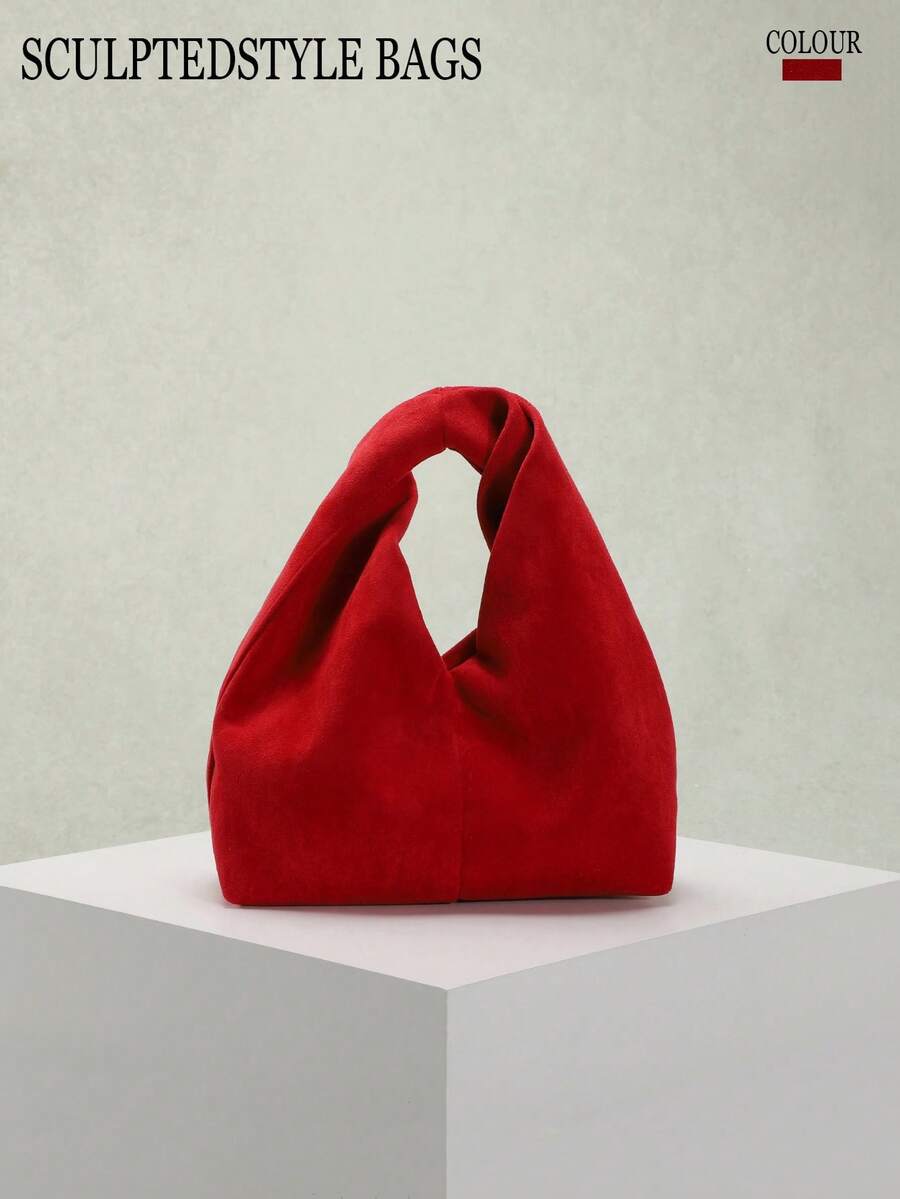 1 pieza Bolso con estilo esculpido Otoño/Invierno Nuevo Vintage Marrón Maillard Retro de terciopelo sintético, Bolso de mano de estilo minimalista para mujer, Adecuado para ir al trabajo con abrigo - Rojo - Ver 1
