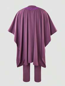 Purple Three Pieces Agbada Attire For Men, Long Colorblock Embroidered Robe And Dashiki Shirt & Elastic Waist Pants, Traditional African Attire For Ceremonies, Wedding, Cultural Celebrations, Festivals, Elegant African Fashion For Men, Royal & Elegant Style