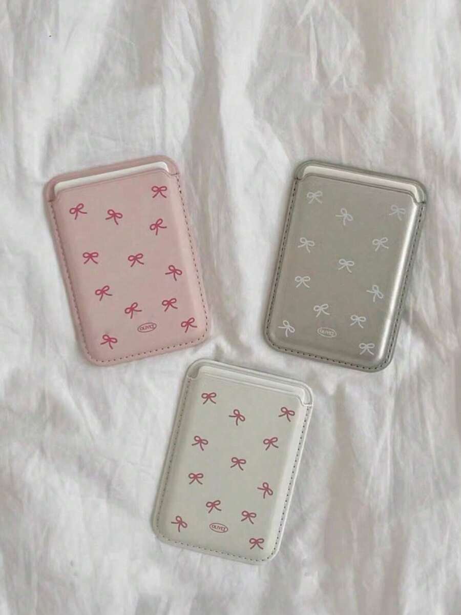 1pc Korean Ins Niche Girly Bow Leather Magnetic Wireless Charging Magsafe Card Holder Case