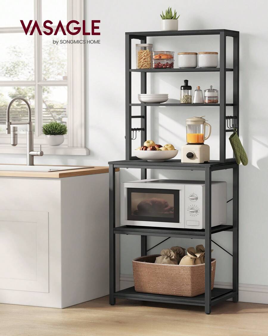 Kitchen Shelf, Standing Shelf, Microwave Shelf, 6 Shelves, 6 Hooks, Steel Frame, Industrial Design, 40 x 60 x 167 cm, Anthracite Grey Ink Black - Anthrazitgrau-Tintenschwarz - Übersicht 1