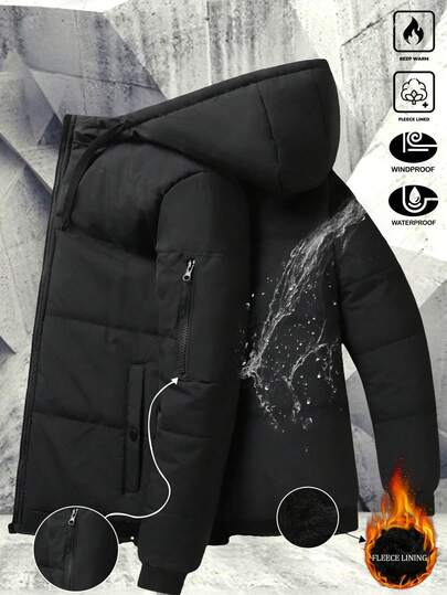 Men's Autumn/Winter Outdoor Casual Sports Fashionable Hooded Jacket, Front Zipper, Multi-Pocket, Thick Plush Lined, Suitable As Gift For Boyfriend, Husband, Father