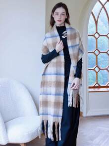 1 szt. damski szalik w kratę trójkolorową w paski, swobodny, ciepły, wygodny, minimalistyczny design, odpowiedni do domu, na zewnątrz, na randki, dojazdy do pracy, uniwersalny