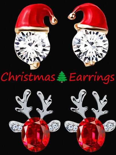1 Pair Women's Christmas Earrings, Girls Crystal Gemstone Santa Christmas Hat Earrings Luxury Christmas Reindeer Antlers Xmas Earring Stud Jewelry Gift Sets