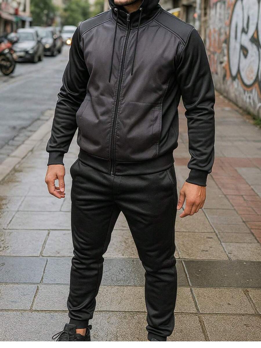 conjunto deportivo para hombre ideal para hacer ejercicio o uso diario, muy comodo y flexible cuenta con dos telas diferntes lo que hace que se vea mejor y la calidad super tambien cuenta con capucha y dos bolsas frontales - Negro - Ver 1