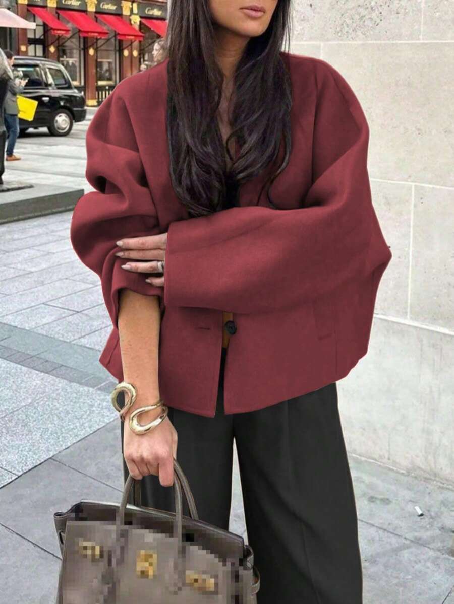 Veste décontractée pour femmes, couleur unie, polyvalente pour le port quotidien, automne/hiver - Rose vif - Voir 1