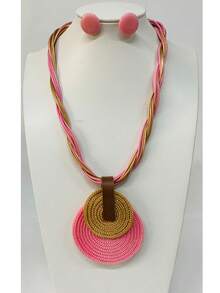 Braided Wire Necklace Set With Double Pendant + Resin Button Earrings – Sophistication In Every Detail. - Baby Pink - View 1