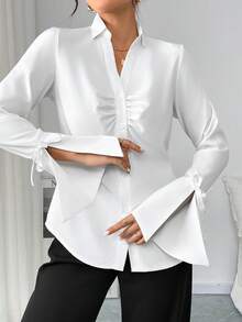 Áo kiểu nữ đơn giản, màu trơn, tay bồng, thích hợp mặc đi làm hoặc dạo phố, màu trắng, mùa xuân/thu. - trắng - Xem 2