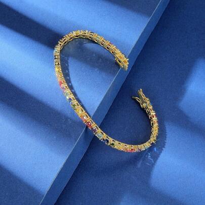 MDFUN 4mm Colored Cubic Zirconia Tennis Bracelet For Women-18K White/Yellow Gold Plated Cubic Zirconia Rainbow Tennis Link Bracelet 6-8.5 Inches